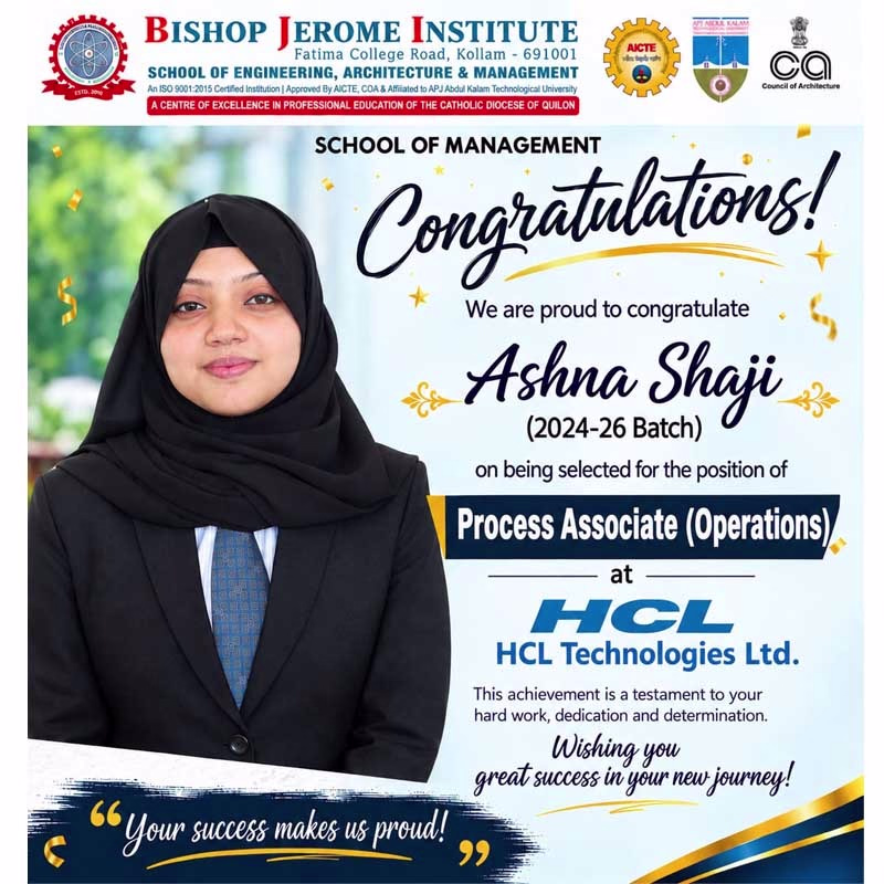 Celebrating Success: Ashna Shaji Placed as Process Associate (Operations) at HCL Technologies Ltd.
